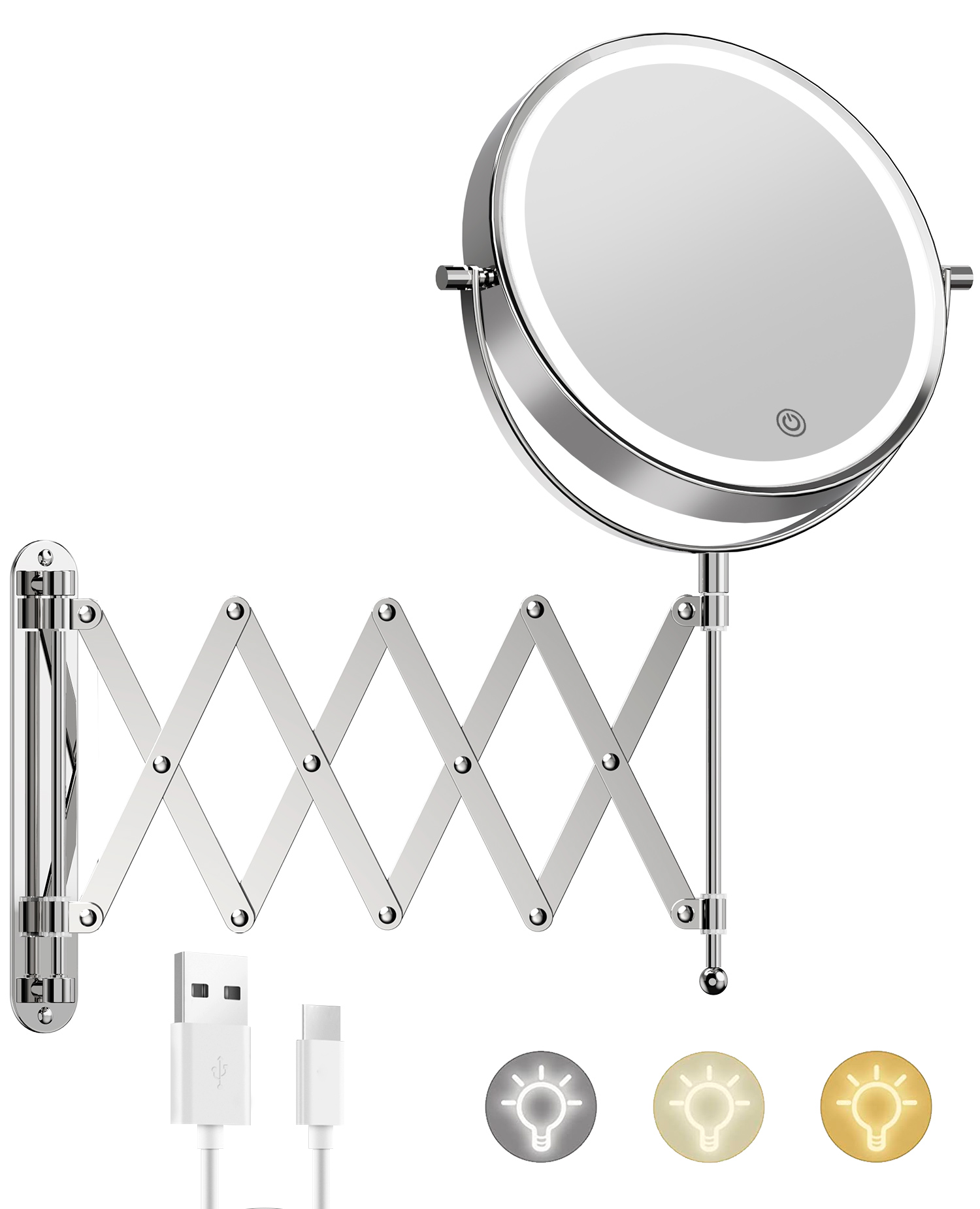 Rechargeable Wall Mounted Makeup Mirror - Extendable Accordion Bathroom Mirror - Chrome