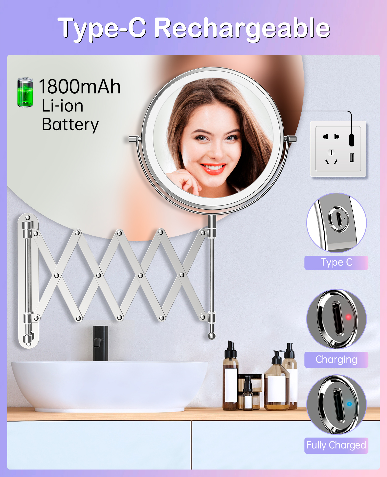 Rechargeable Wall Mounted Makeup Mirror - Extendable Accordion Bathroom Mirror - Chrome