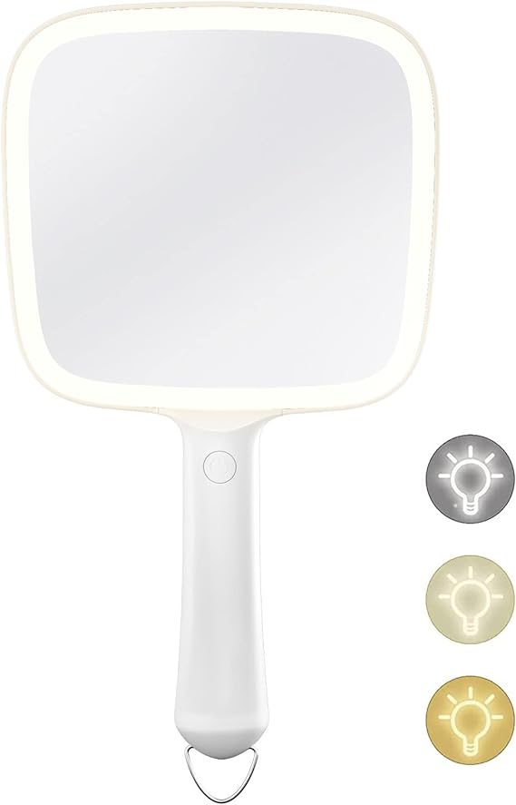 Lighted Handheld Mirror 6.2\'\' X 5.9\'\' Makeup Mirror Lightweight & Durable, 4 AAA Battery (White)