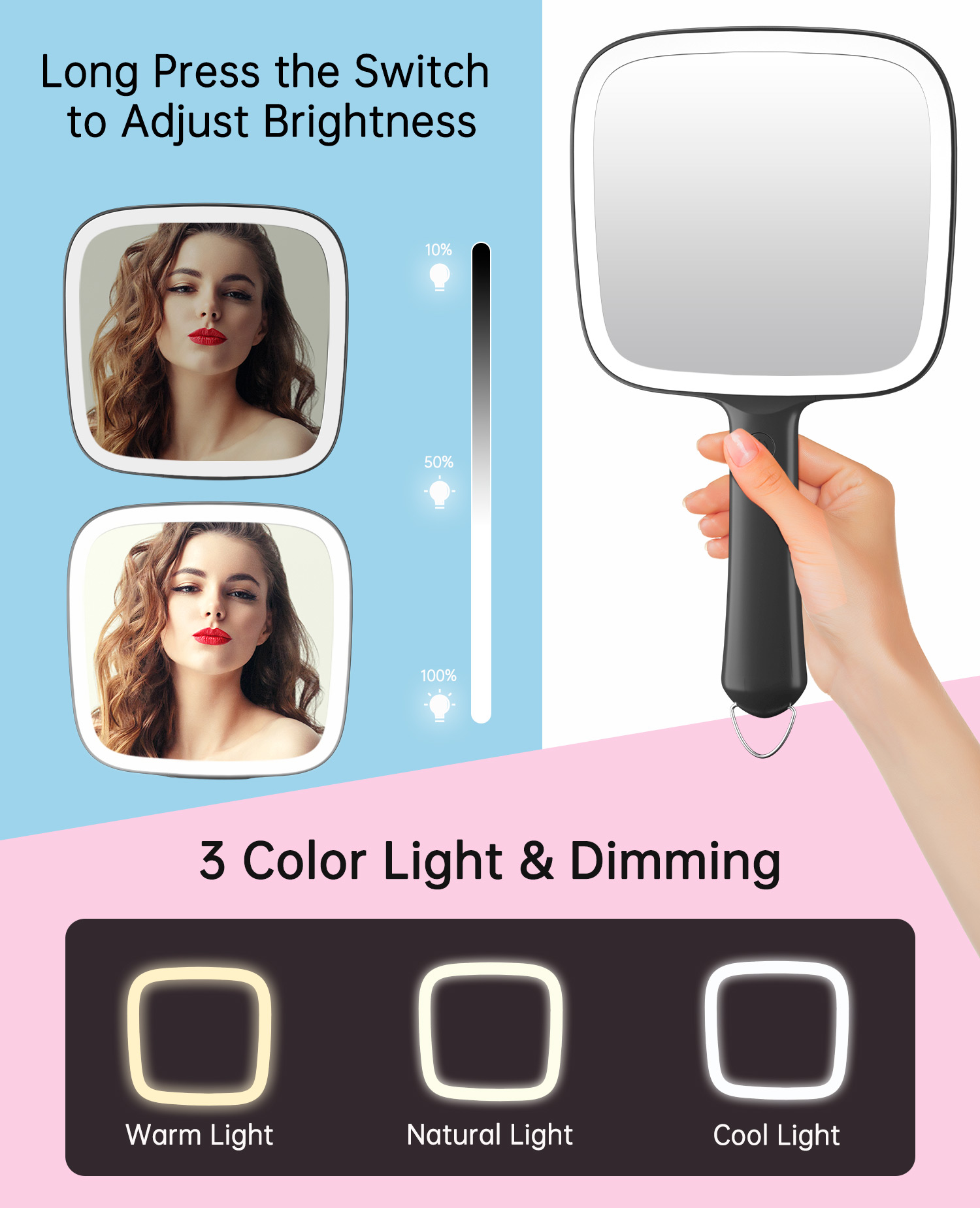 Lighted Handheld Mirror, Lightweight & Durable Battery Operated