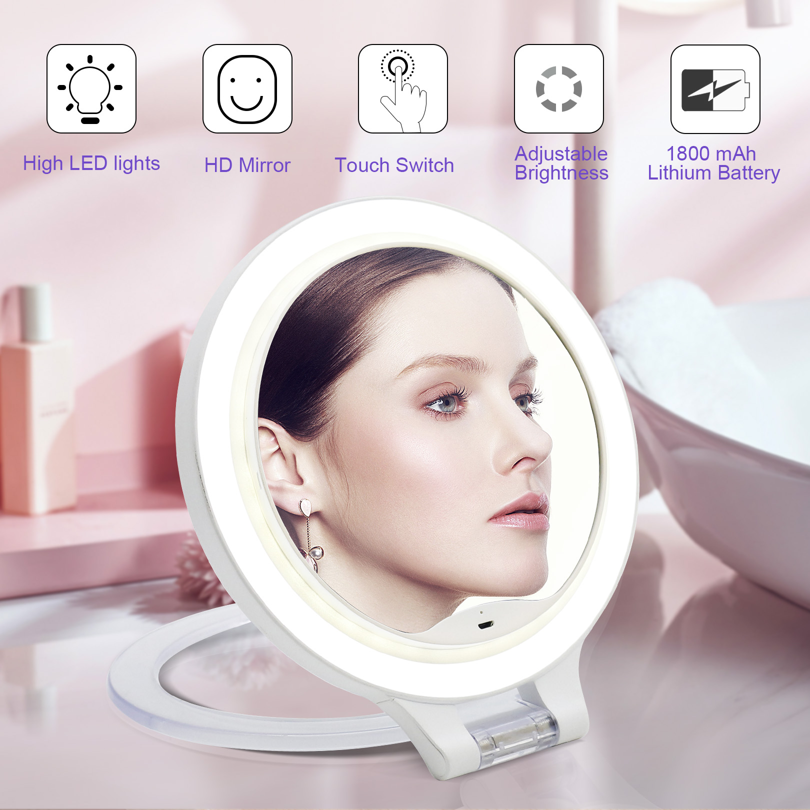 Rechargeable Makeup Lighted Mirror for Wireless Use