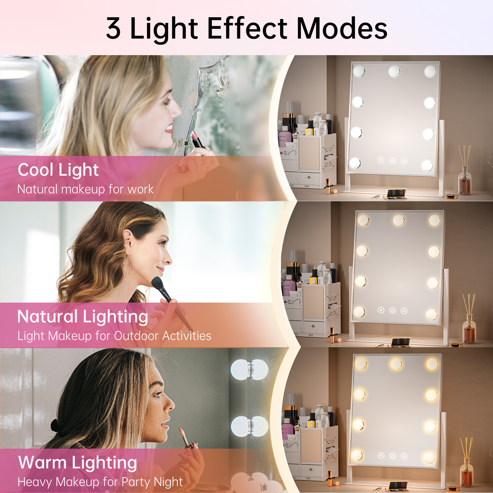 Hollywood Makeup Mirror with Lights, Lighted Vanity Mirror with 9 Dimmable Bulbs and 3 Color Lighting Modes(White)