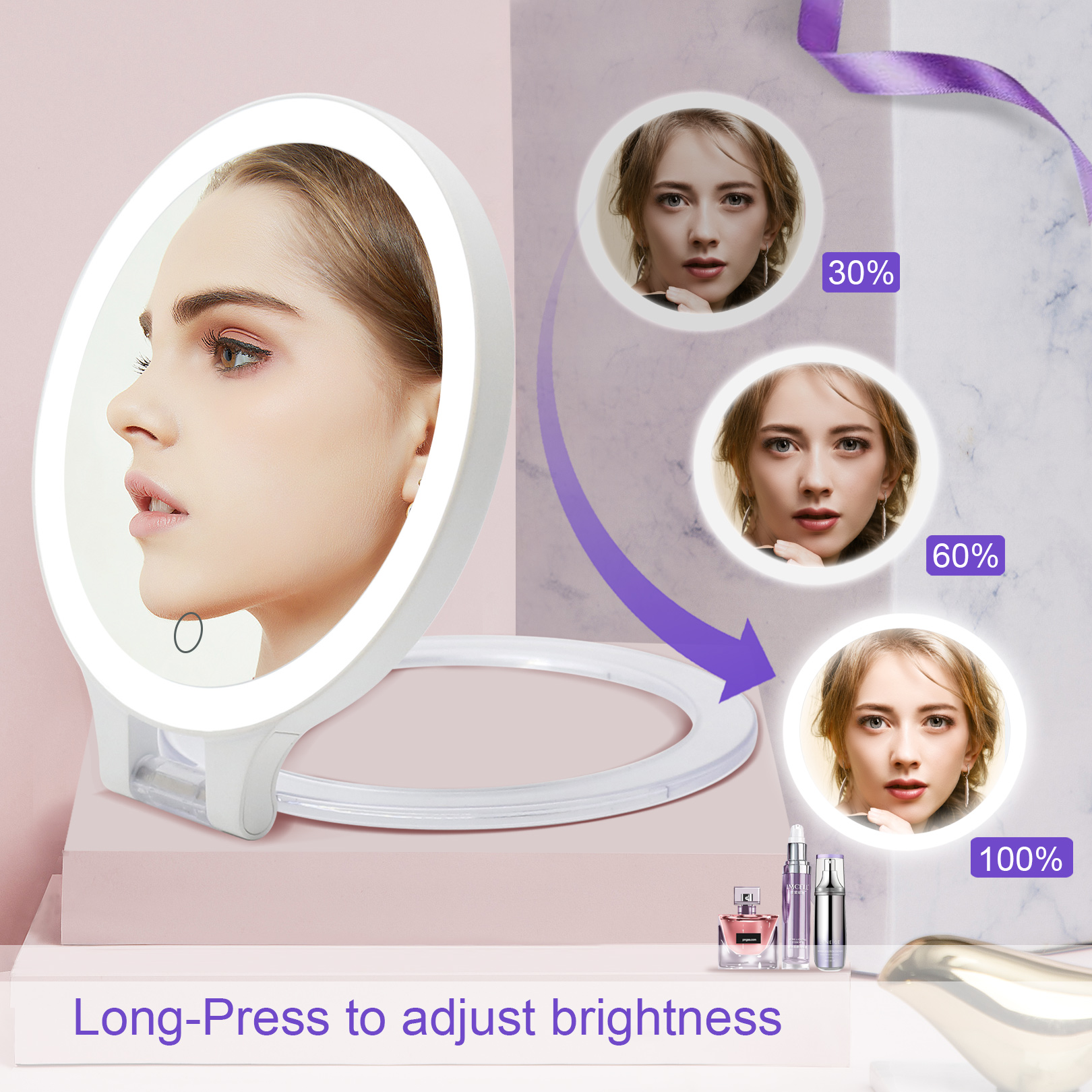 Double Sided with 3 Color Lights Portable LED Cosmetic Mirror White