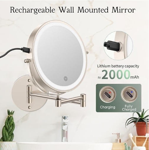 Rechargeable Wall Mounted with Lights Extension Arm 360 Rotation Wall Makeup Mirror