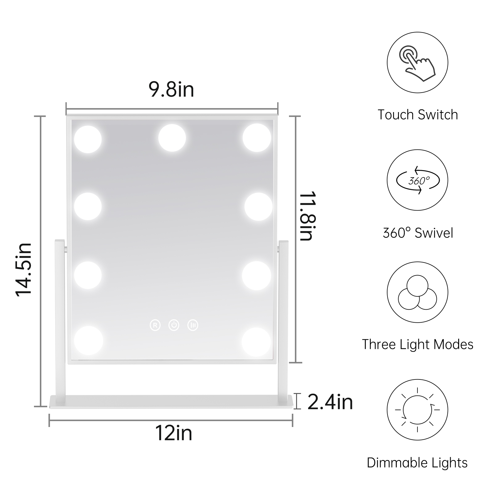 Hollywood Makeup Mirror with Lights, Lighted Vanity Mirror with 9 Dimmable Bulbs and 3 Color Lighting Modes(White)