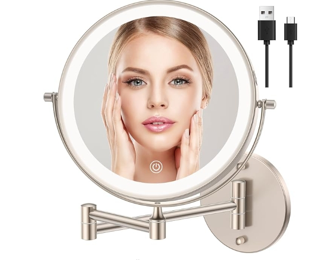 Rechargeable Wall Mounted with Lights Extension Arm 360 Rotation Wall Makeup Mirror