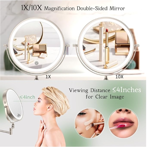 Rechargeable Wall Mounted with Lights Extension Arm 360 Rotation Wall Makeup Mirror